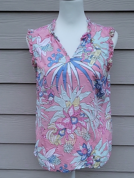 Talbots Tops - Talbots Women’s Large Petite Sleeveless Floral Blouse Pink Blue Tropical Print